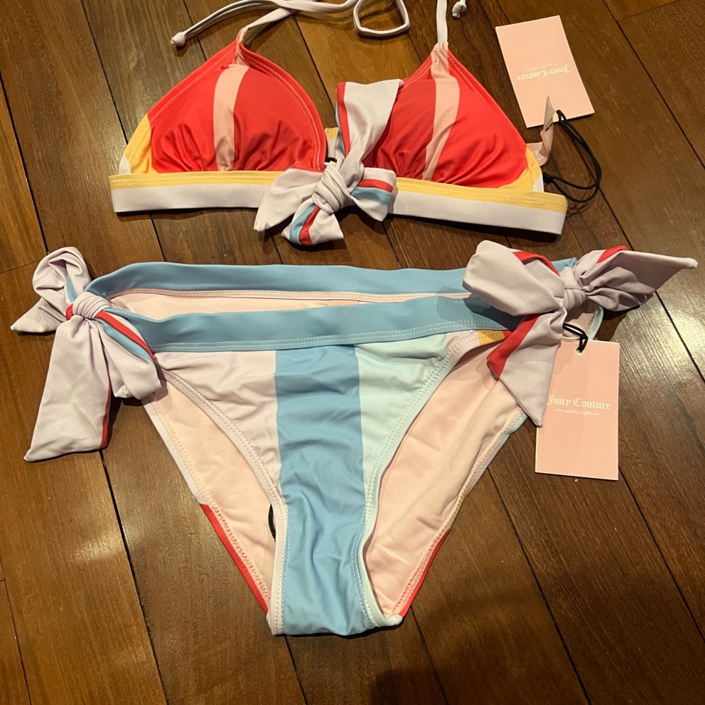 Juicy Couture Coral Blue striped Bikini Set Small NWT